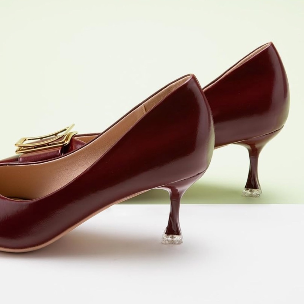 C.Paravano Red Burgundy Gold Buckle Kitten Heels Metal Tie Pumps Olivia NEW 7.5 - Picture 4 of 16